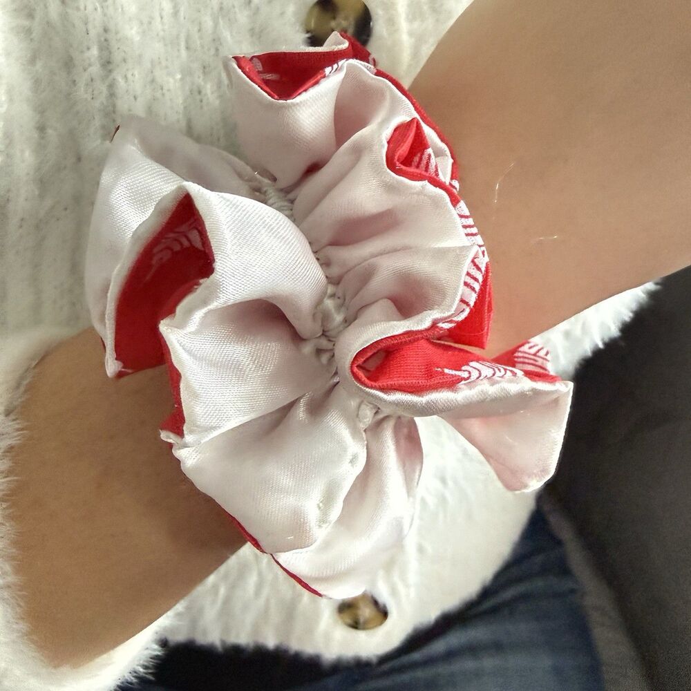 Handmade Red & Cream Scrunchie Hair Tie Ruffled Elastic Ponytail Holder - Picture 9 of 13